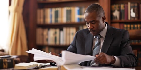 African American attorney in a law office, reviewing legal documents with a meticulous eye