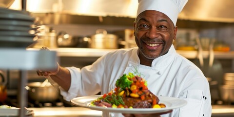 Fototapeta na wymiar accomplished African American chef presenting a gourmet meal with flair