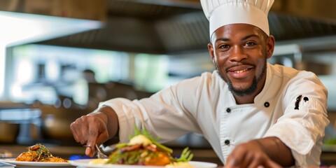accomplished African American chef presenting a gourmet meal with flair
