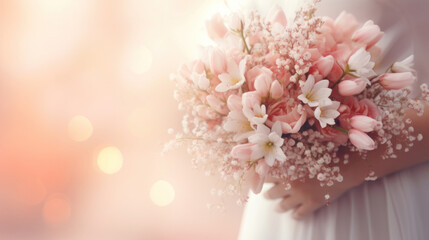 A bride's hand holds a delicate bouquet of pink flowers and baby's breath, with a soft, dreamy bokeh background.