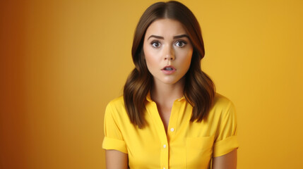 A young lady shows an expression of disbelief and surprise, wearing a yellow shirt, with a solid mustard background.