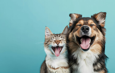 Banner with pets. Dog and cat smiling with happy expression and closed eyes. Isolated on blue colored background - obrazy, fototapety, plakaty