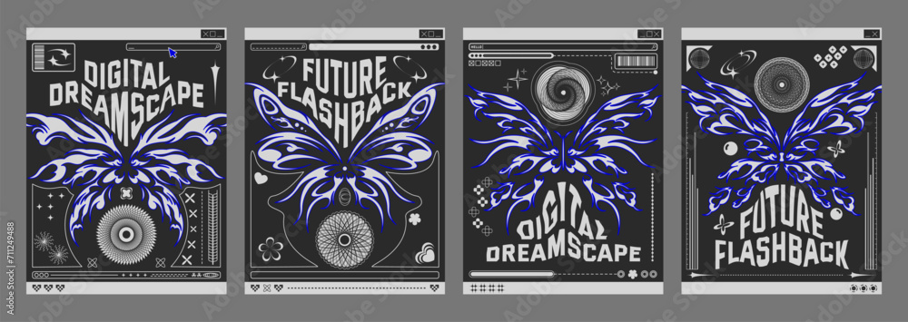 Poster y2k retro poster design template with grey tribal abstract graphic butterfly shape elements on black