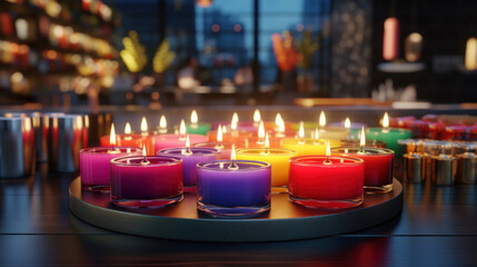 An assortment of brightly colored tealight candles displayed on a bar counter, enhancing the festive mood. - obrazy, fototapety, plakaty