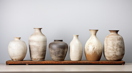 An artistic display of ceramic vases with varying textures and neutral tones on a wooden shelf against a plain background.
