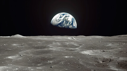 View of the planet Earth from the surface of the Moon. Airless space. Simulated drone flight.