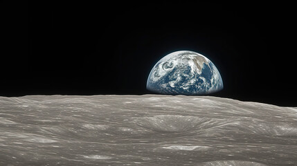 View of the planet Earth from the surface of the Moon. Airless space. Simulated drone flight.