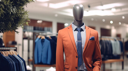 Fototapeta premium A mannequin dressed in a fashionable orange suit stands in a modern clothing store, showcasing the latest in men's fashion.