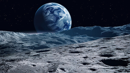 View of the planet Earth from the surface of the Moon. Airless space. Simulated drone flight.