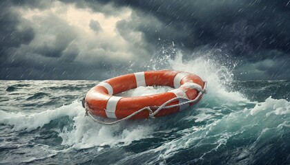 life buoy on the sea, Lifebuoy floating on sea in storm weather - obrazy, fototapety, plakaty