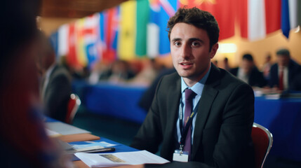 A young male delegate engages in discussion at an international forum, representing the active involvement of youth in global politics.