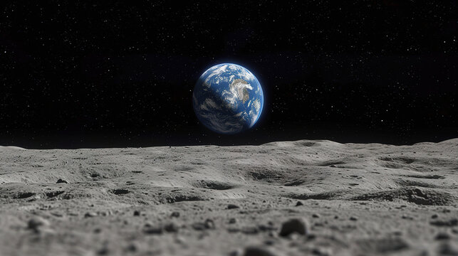 View of the planet Earth from the surface of the Moon. Airless space. Simulated drone flight.