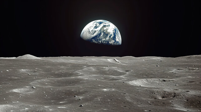 View of the planet Earth from the surface of the Moon. Airless space. Simulated drone flight.