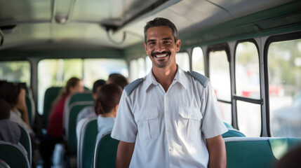 Cheerful bus driver standing in the aisle, greeting passengers with a warm, welcoming smile. - obrazy, fototapety, plakaty