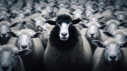 A unique black sheep standing out in the middle of a large flock of white sheep. - obrazy, fototapety, plakaty