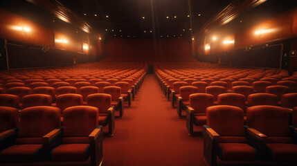 An empty cinema hall with rows of red seats and ambient lighting, waiting for an audience.