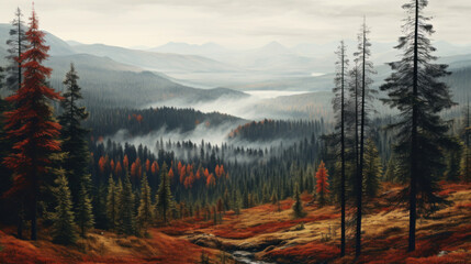 A serene autumnal landscape featuring a forest with mist rolling over distant mountains and a meandering stream.