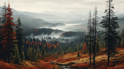 Gordijnen A serene autumnal landscape featuring a forest with mist rolling over distant mountains and a meandering stream. © red_orange_stock