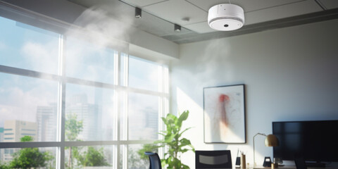 A smoke detector emitting a plume of smoke, activating in a bright, modern office space with city views.