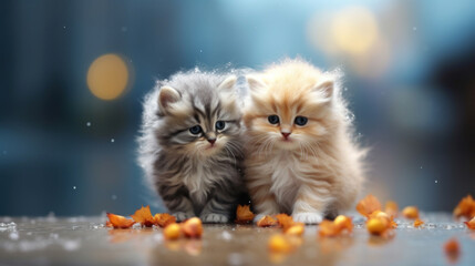 Two fluffy kittens huddle close together, seeking comfort and warmth against a backdrop of soft rain and autumn leaves. - obrazy, fototapety, plakaty