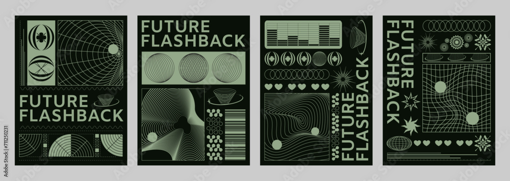 Poster poster and cover design template in y2k retro style with wireframe abstract simple monochrome form e