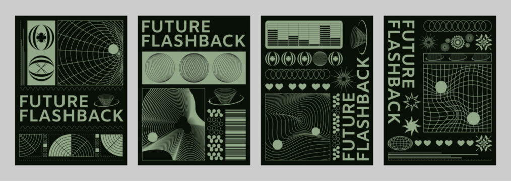 Poster and cover design template in y2k retro style with wireframe abstract simple monochrome form elements and typography. Vintage minimal banner in 2000s aesthetic with grid shapes and surface.