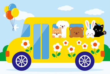 back to school vector background with animals on the school bus for banners, cards, flyers, social media wallpapers, etc.