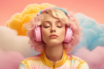 Fototapeta premium Beautiful young girl with pink hair in headphones against pink clouds listening to music