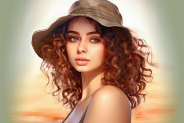 Beautiful model girl with long wavy and shiny hair in hat. Brunette woman with curly hairstyle
