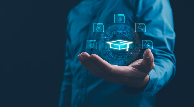 Education Distance E-learning Online Learning Personal development concept. Internet lessons and online webinar. Education internet Technology. Person who attends online lessons on a digital screen.