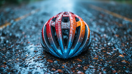 An outdoor protective safety sports bicycle helmet.  A bicycle helmet is lying on the road. Blurred background, forest road, close-up, raindrops. Ai generated image