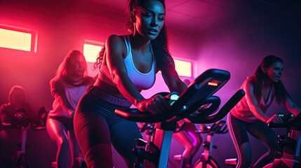 People biking in Spinning class at modern gym, exercising on stationary bike. A sporty lifestyle