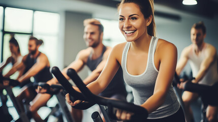 People biking in Spinning class at modern gym, exercising on stationary bike. A sporty lifestyle