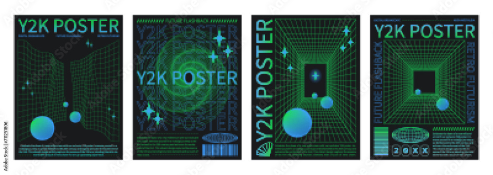 Poster y2k retro style poster design template with grid abstract perspective surfaces and elements. vector 