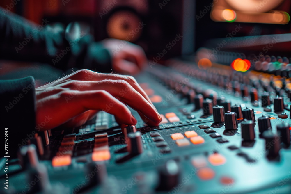 Wall mural Sound studio with closeup hand for control,  Control panel Recording