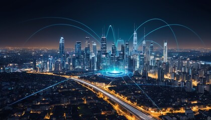 Fototapeta na wymiar Night Cityscape with Modern Wireless Network Concept