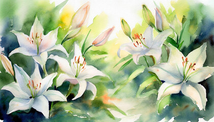 Watercolor Art Painting: Majestic Lily Garden Regally Gracefully in Late Afternoon