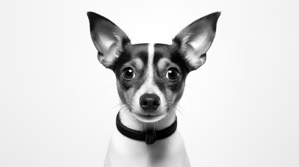 cute black and white polaroid photo of a happy dog which ears are lifted to the top of the image, white background, polaroid photo