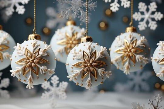 Exquisite White and Gold Christmas Snowflakes, on an isolated Arctic Silver background, Generative AI