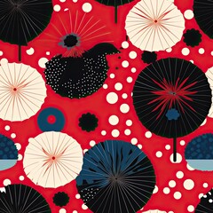 Japanese Umbrellas and Florals Seamless Pattern Design