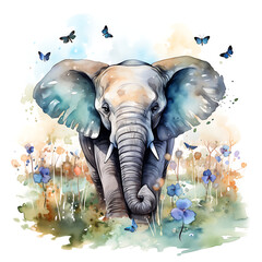 Cute baby elephant watercolor illustration