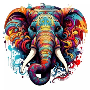 Abstract elephant head close up with tangled doodle elements. Full color illustrations. generative ai