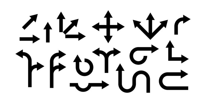 Vector arrows collection, road sign black arrow path direction.