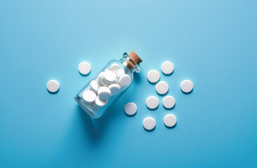 White medicine tablets antibiotic pills with glass medical jar on a blue studio background. Free space for text. Assorted pharmaceutical medicine pills and capsules. Pharmacy theme backdrop. Banner