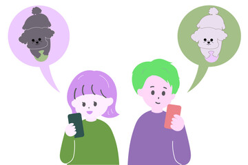 スマートフォンでペットカメラの様子を確認する男女