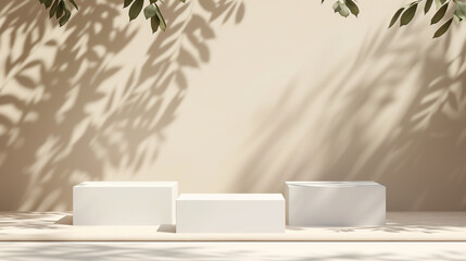Abstract minimal nature scene - empty stage with three white rectangle podiums on beige background and shadows of tree leaves. Pedestal for cosmetic product and packaging mockups display presentation
