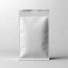Blank White Zipper Pouch on Gray Background, Empty white stand-up zipper pouch packaging with a resealable lock on a clean gray background, ideal for product mockup.