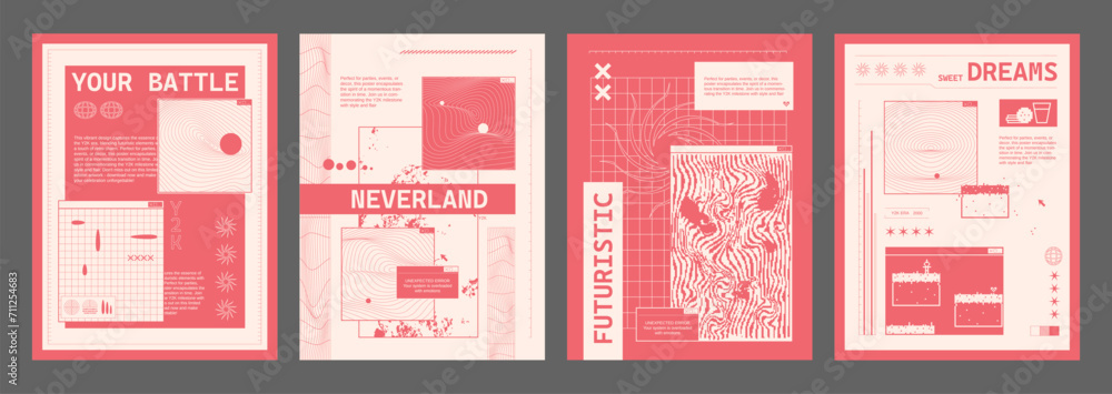 Aufkleber y2k design template for poster or cover with grid and pixel art abstract shapes and surfaces. vector