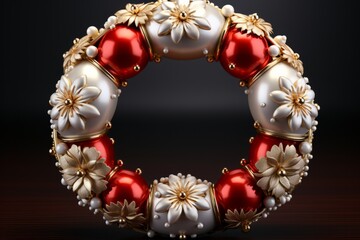 Glamorous White and Gold Christmas Wreath, on an isolated Festive Red background, Generative AI