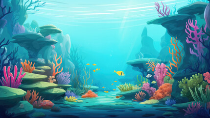 Ocean underwater landscape illustration in cartoon style. Scenery background.